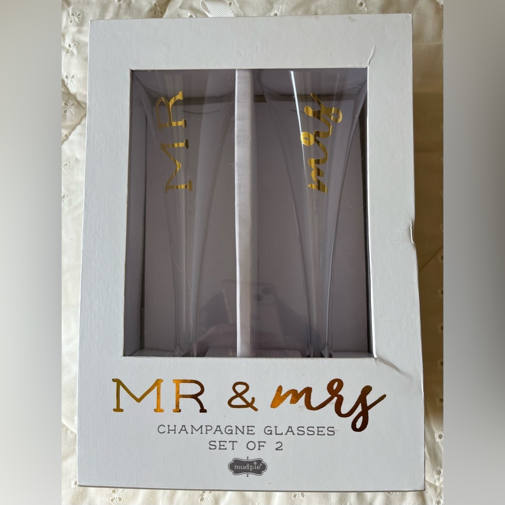 Set of two Mr. & Mrs. Champagne Flutes. New by Mud Pie.